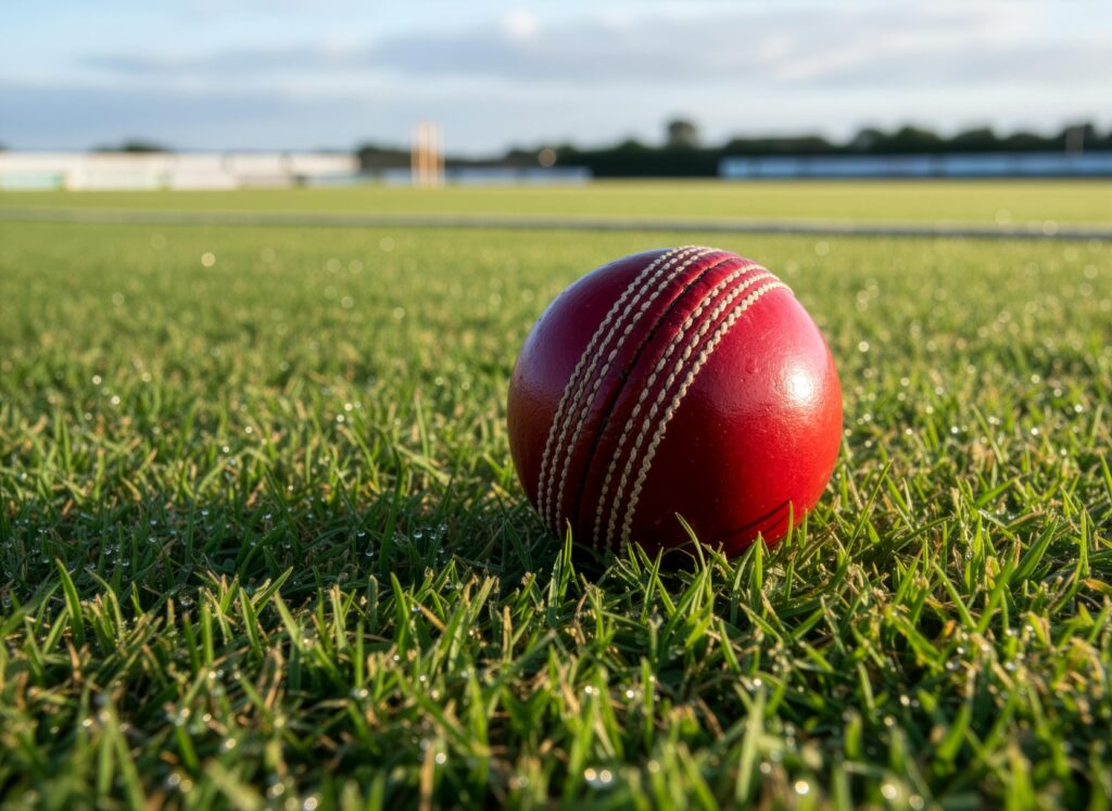 pexels-photo-34563722-34563722 Close-up of a vibrant red cricket ball on a grass field, ideal for sports themes.